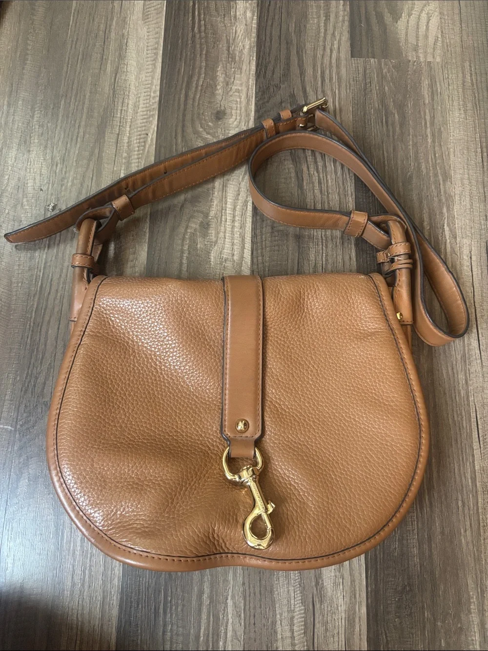 Michael Kors Pebbled Saddle Crossbody in Cognac Brown with Gold Hardware